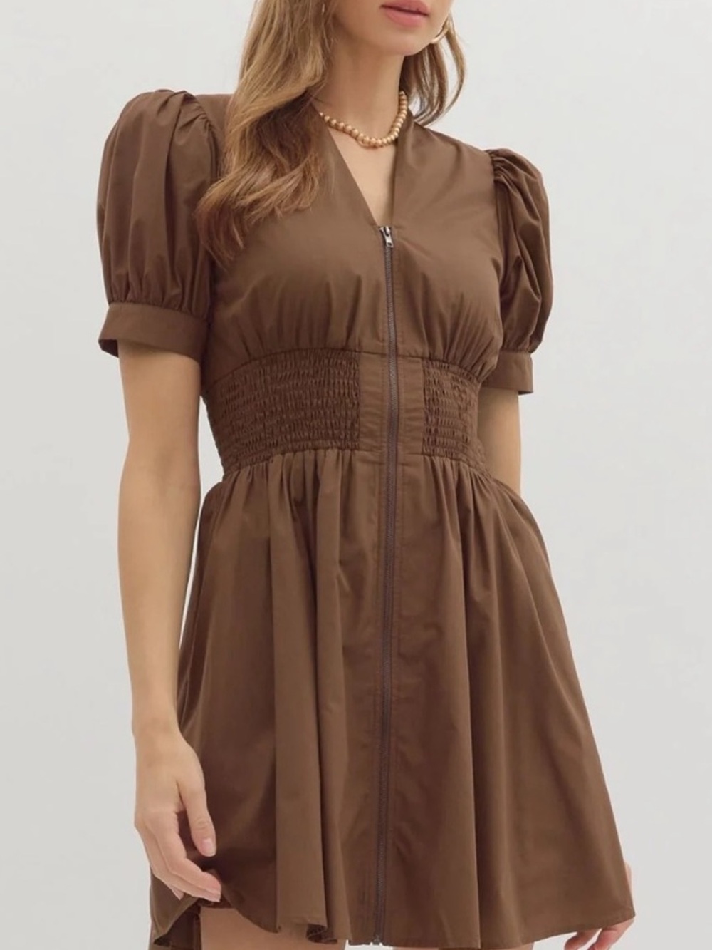 entro Brown Puff-Sleeve Smocked-Waist Zip Dress